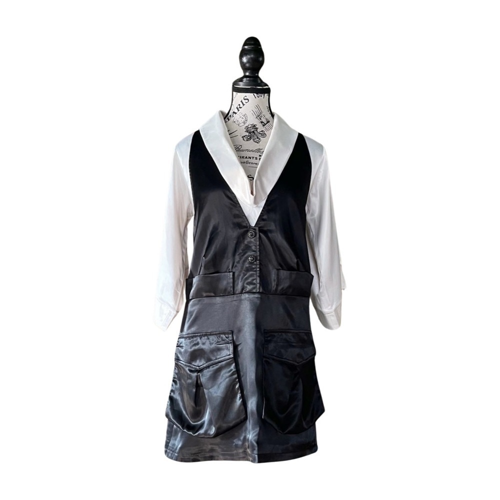 100% Silk Y2K Vintage Anna Sui Black White Tuxedo Dress Kimono Made In Italy
